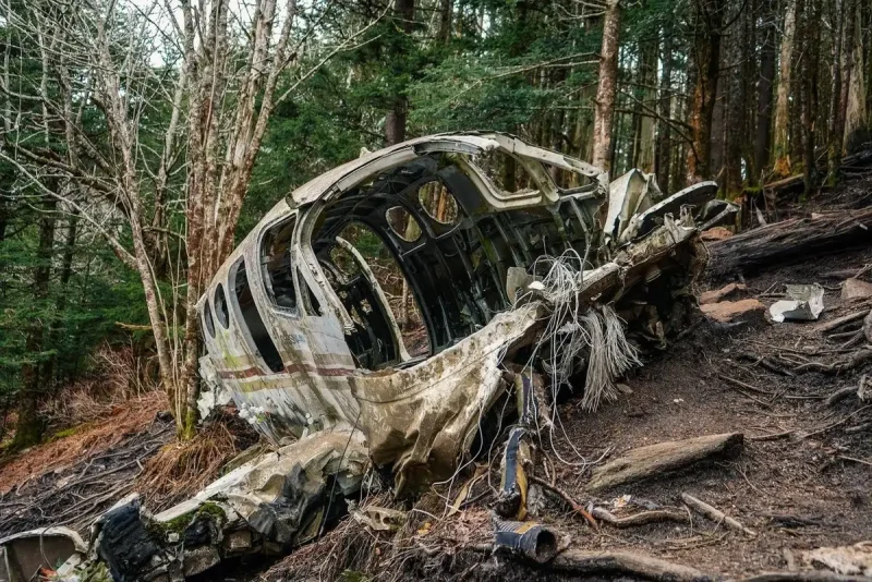 Обломки пассажирского самолета в лесу