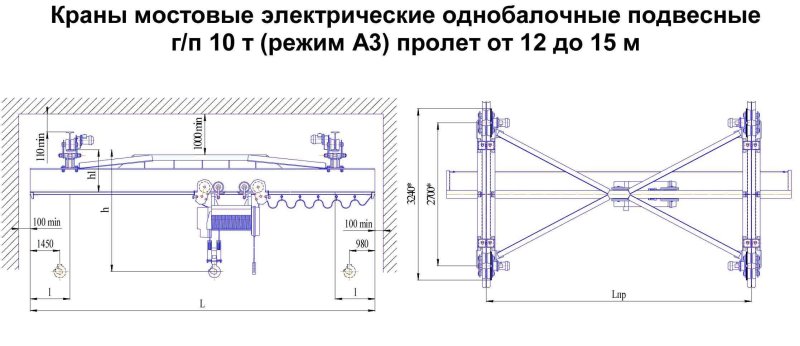 Кран мостовой подвесной электрический 10т пролет 15м чертеж