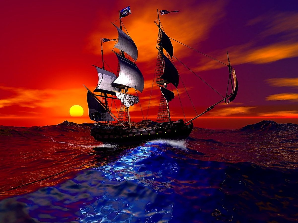 Sailing art. Корабль с парусами. Пиратский корабль. Парусный корабль на закате. Сказочный корабль.