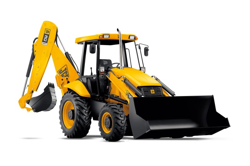 Экскаватор-погрузчик JCB на белом фоне