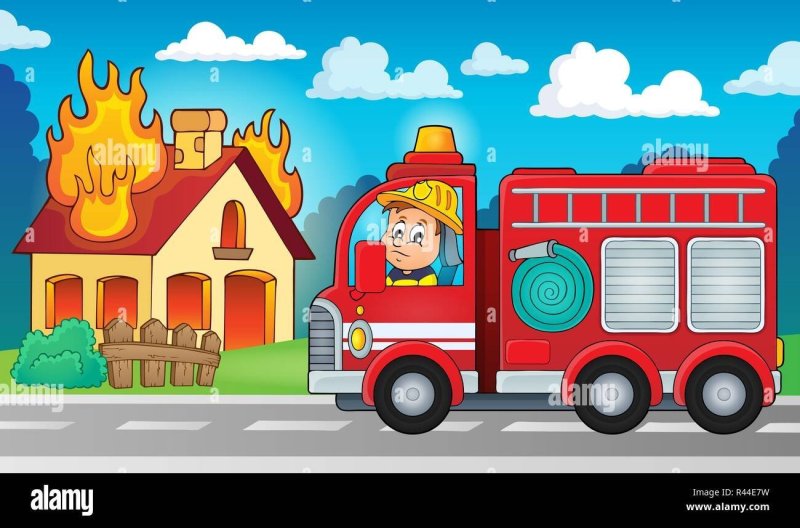 Пожарная машина тушит дом для детей