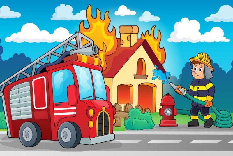 Пожарная машина тушит дом для детей