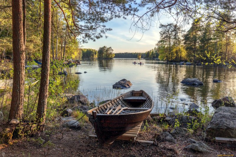 Дом с лодкой отражается в воде
