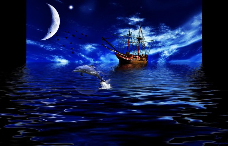 Ночное море корабль
