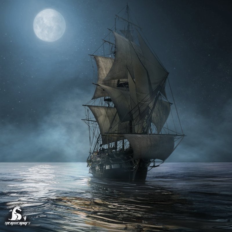Корабль пиратов на море ночью доска