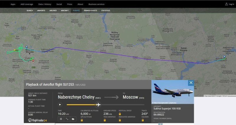 Путь полета самолета из Бегишево в Сочи