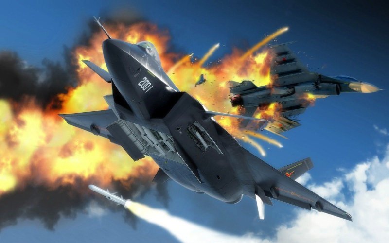 Истребитель Су-57 в бою