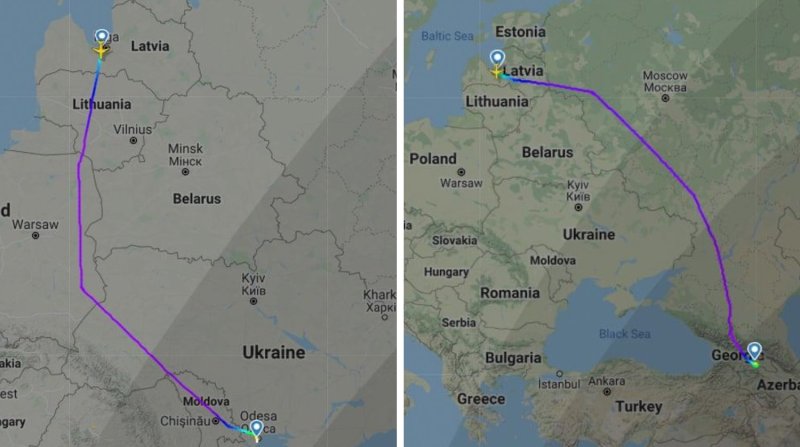 Траектория полета самолета из Минска в Тбилиси